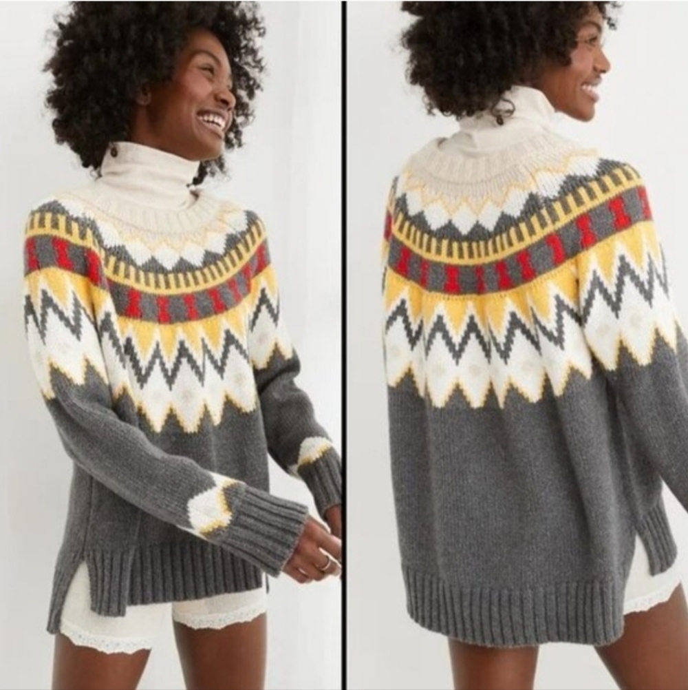 Aerie Fair Isle Pullover Sweater Nordic Design Sz Lg Oversized Chunky Knit